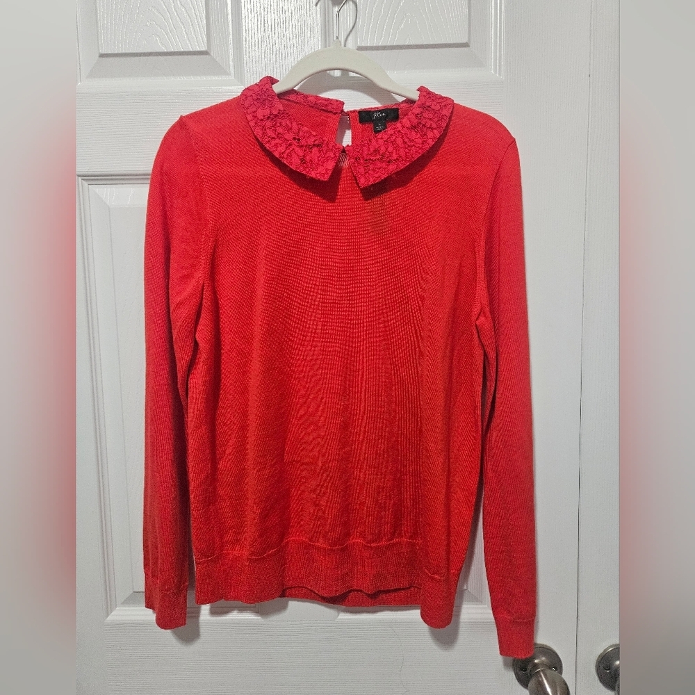 J.Crew Red 100% Merino Wool Lace Collared Sweater L